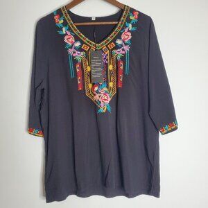 Laura Klein Womens Black Coloful Floral Embroidered Blouse Size S Boho Artsy NWT